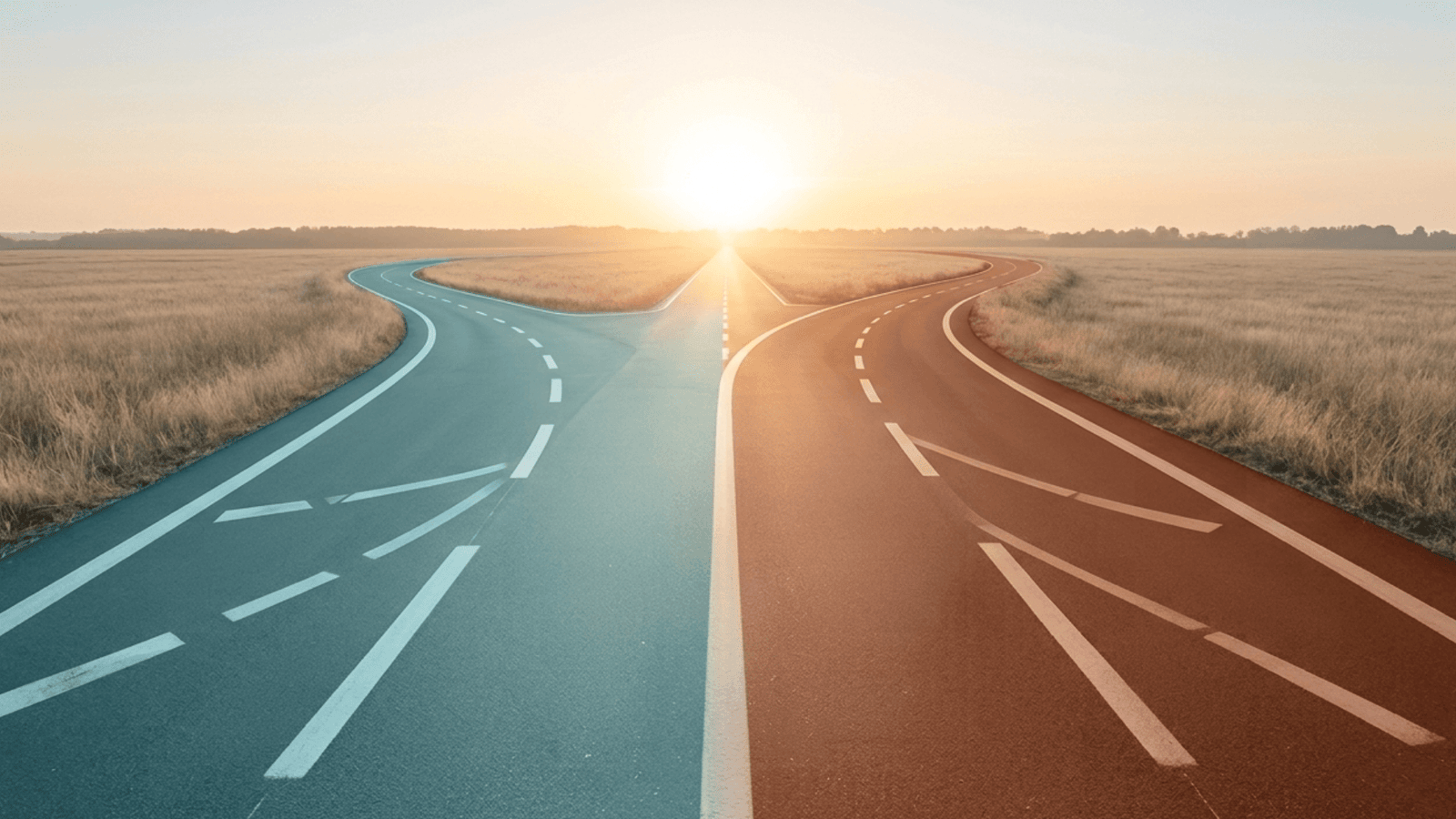 Dos caminos paralelos que se unen en uno solo al amanecer, como metáfora visual de cómo romper los silos organizacionales y lograr una colaboración efectiva en el trabajo en equipo