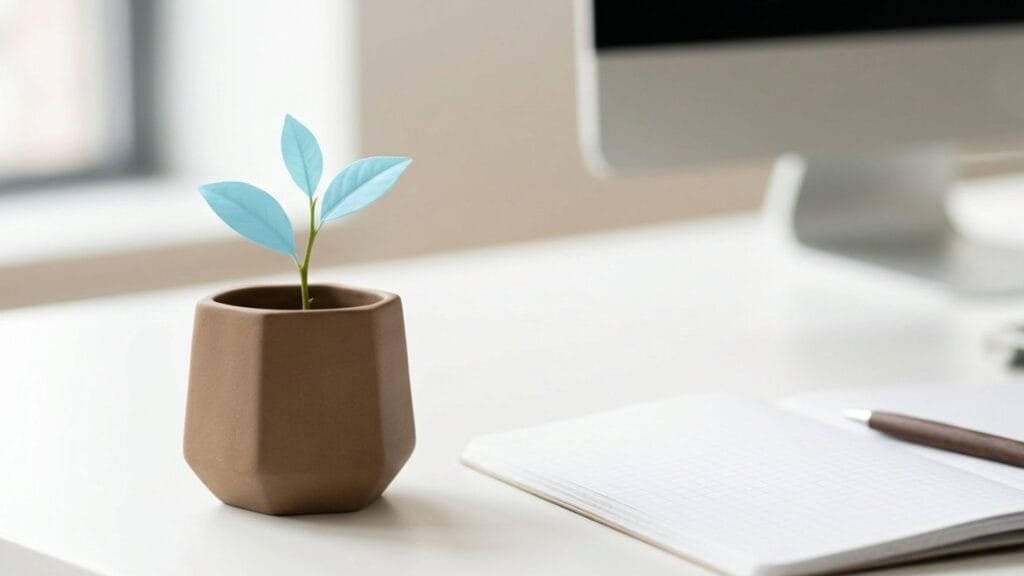 Una maceta geométrica de cerámica marrón mate con un brote de hojas azul claro en una mesa de oficina blanca junto a un cuaderno abierto y bolígrafo. Concepto de proceso de offboarding estructurado y transferencia de conocimiento en empresas