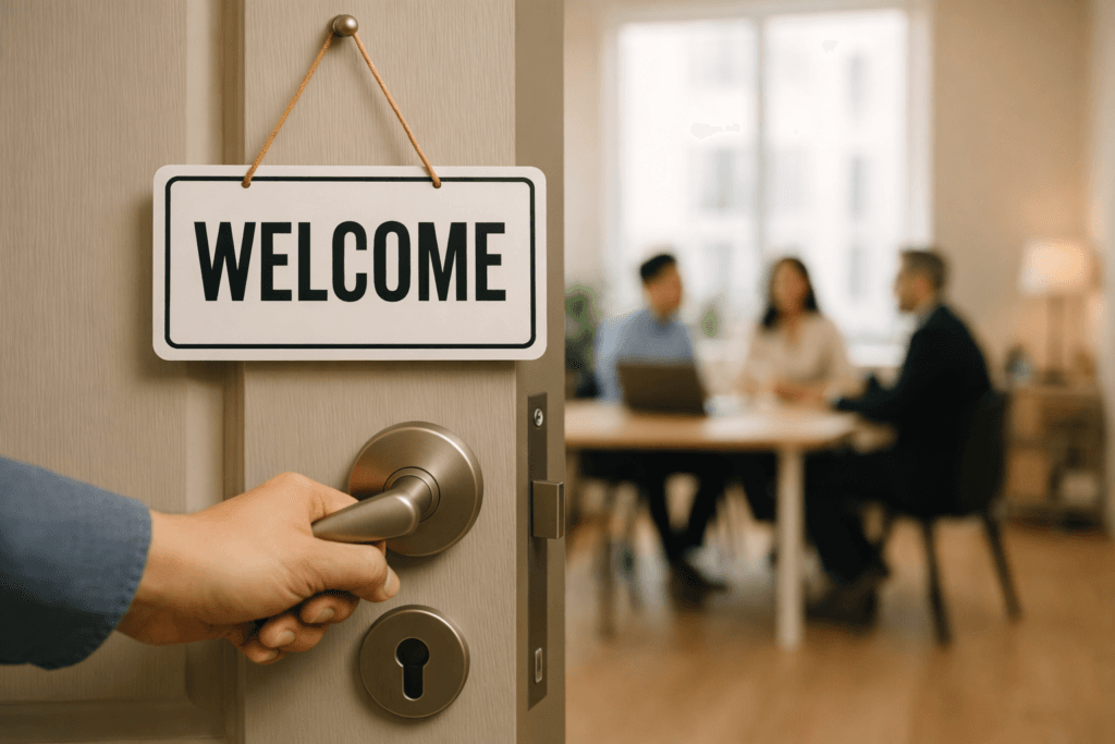 Mano abriendo la puerta de una oficina con un cartel de Welcome colgando del pomo, mostrando de fondo a un equipo reunido en una mesa. Metáfora visual de la integración de nuevos empleados y un plan de onboarding estratégico