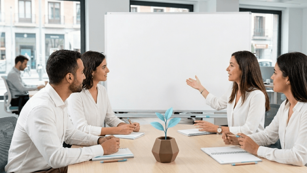 Una profesional liderando una reunión de equipo corporativo en una oficina moderna en Madrid. En la mesa, un pequeño macetero marrón mate con un brote de crecimiento azul claro, representando el desarrollo estructurado de la inteligencia emocional organizacional.