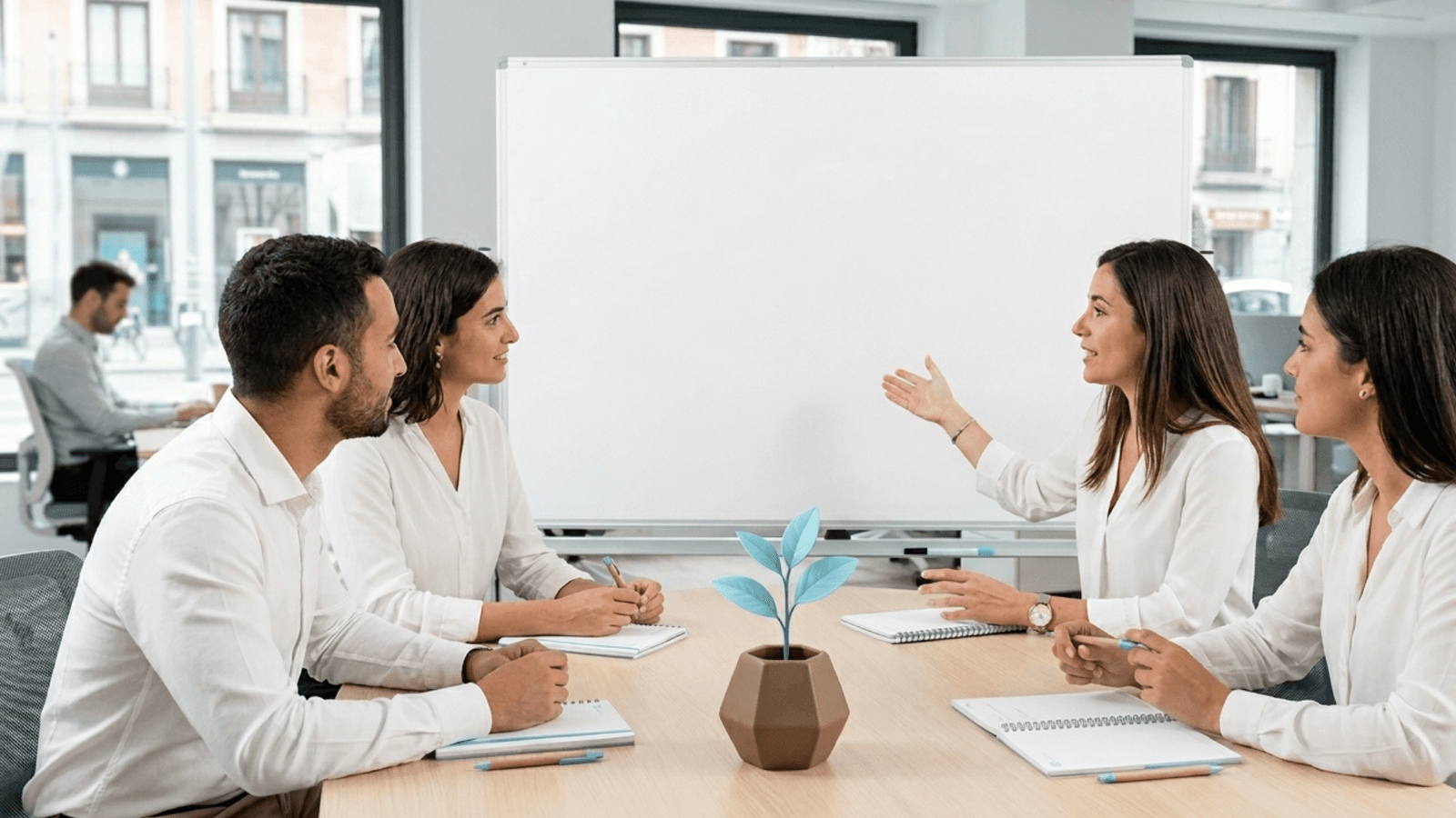 Una profesional liderando una reunión de equipo corporativo en una oficina moderna en Madrid. En la mesa, un pequeño macetero marrón mate con un brote de crecimiento azul claro, representando el desarrollo estructurado de la inteligencia emocional organizacional.