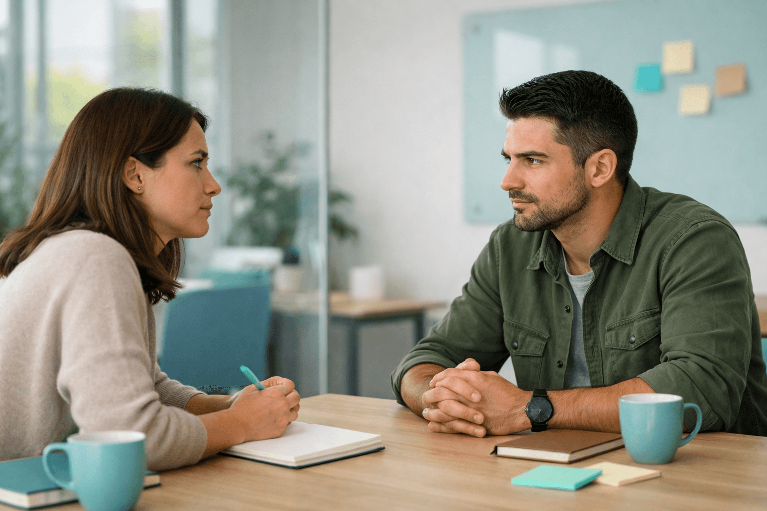 Dos profesionales conversando cara a cara en un entorno minimalista, reflejando falta de asertividad en el trabajo