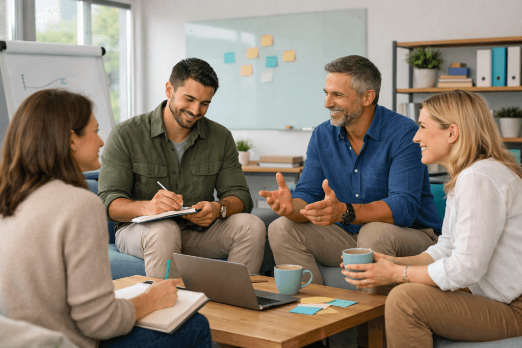 Managers en formación en un espacio de coworking, liderazgo con propósito y desarrollo de competencias
