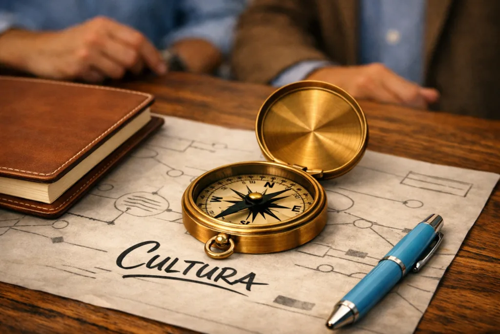 Fotografía conceptual de una brújula sobre un mapa de estrategia empresarial y una agenda de Desarrollando T, representando el acompañamiento estratégico y el liderazgo de personas en empresas medianas.