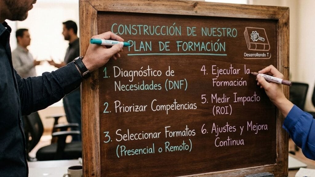 Dos personas escribiendo en una pizarra de madera un plan de formación detallado con etapas como DNF, priorización de competencias, formatos y medición de impacto (ROI).