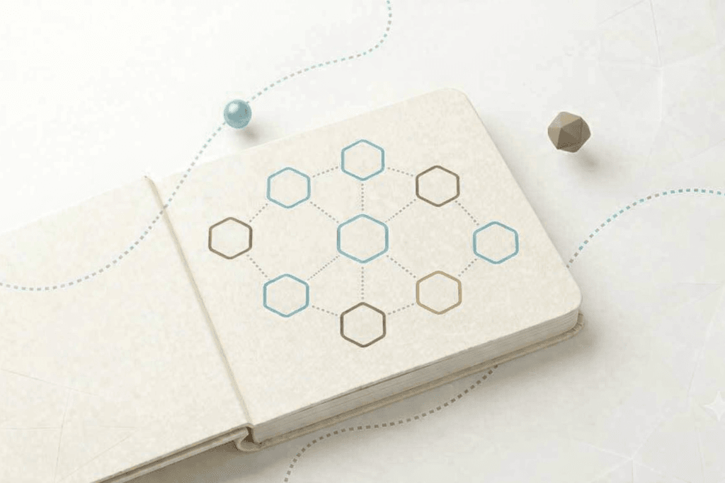 Esquema hexagonal interconectado en un cuaderno que ilustra cómo capacitar líderes para el bienestar organizacional y la gestión de equipos.