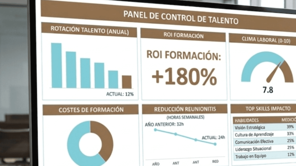 Captura de un panel de control de talento de Desarrollando T que muestra métricas clave como un ROI de formación del +180%, reducción de reunionitis y nivel de clima laboral, utilizado para medir el impacto de la formación corporativa