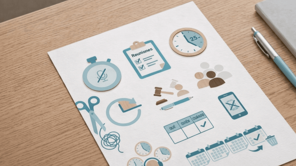 Infografía en papel sobre escritorio de madera con iconos conceptuales que ilustran un decálogo para hacer reuniones eficaces y combatir la reunionitis en las empresas.