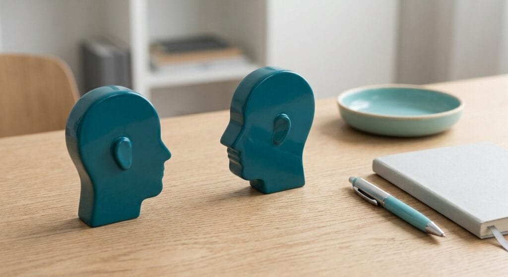 Dos figuras conceptuales de cabezas enfrentadas en tonos azul suave sobre un escritorio de madera con libreta y bolígrafo, representando la escucha activa y el acompañamiento estratégico a mandos intermedios.